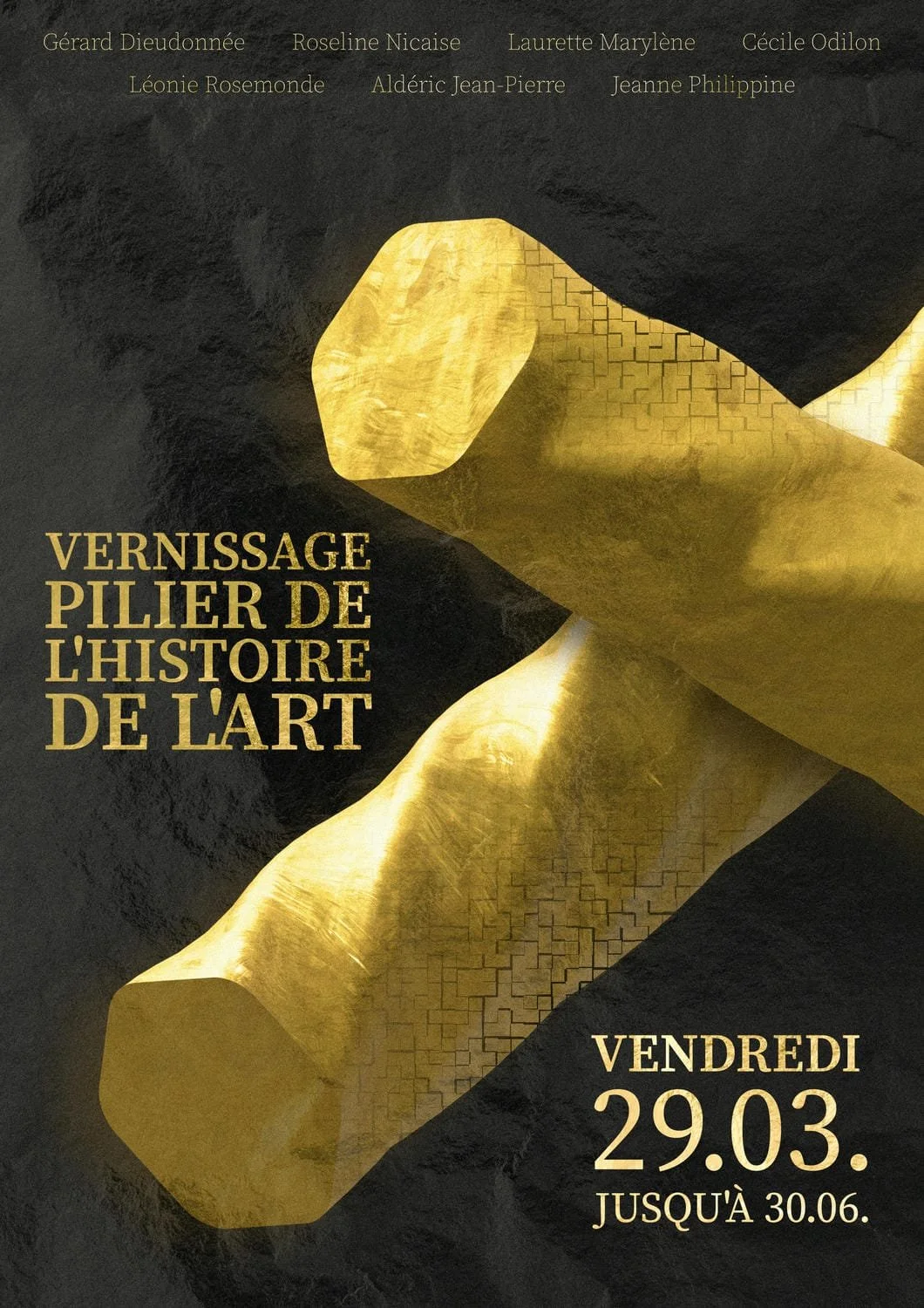 Vernissage-Poster mit goldener Skulptur und schwarzen Hintergrund, Text auf Französisch und Deutsch, Einladung zur Kunstvernissage am 29. März bis 30. Juni.