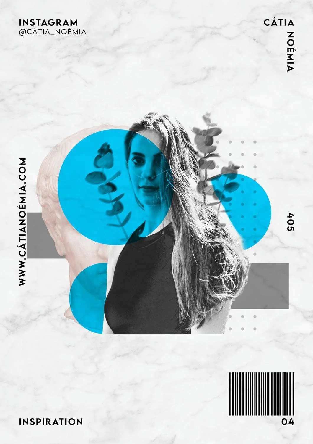 Kreative Collage mit einer jungen Frau, blauen Kreisen, Texten und einem Barcode auf Marmorhintergrund, Titel "Inspiration".