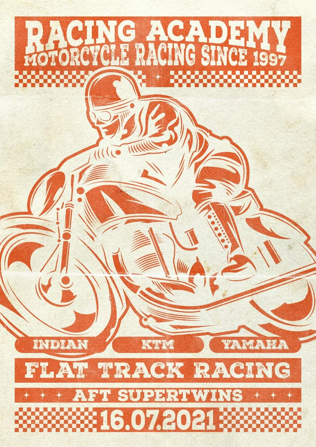 Ein Vintage-Poster für eine Motorrad-Flat-Track-Rennenveranstaltung mit einem stilisierten Fahrer auf einem Yamaha-Motorrad, Datum 16.07.2021, imitiert Retro-Design mit Texten und checkered-Racing-Muster.