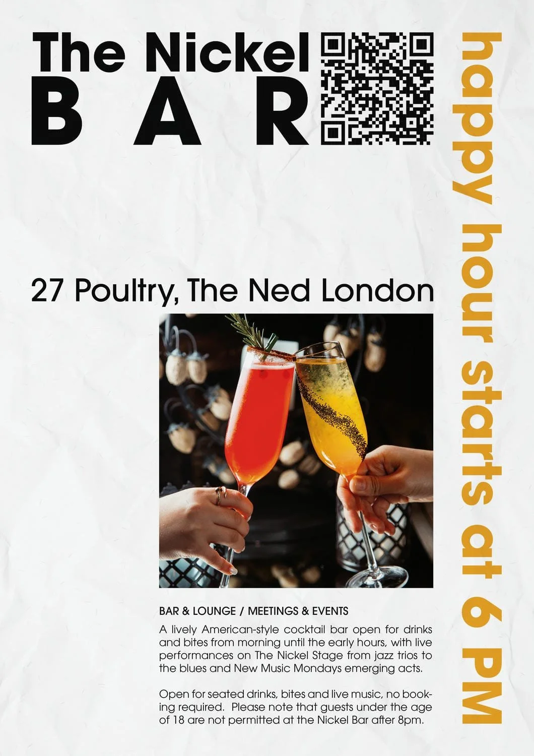 Flyer für die Bar "The Nickel" in London, mit einem Foto von zwei gläsern Cocktails, die in einer Hand gehalten werden. Textinformationen über die Bar, die sich auf Trinkangebote und Veranstaltungen bezieht.