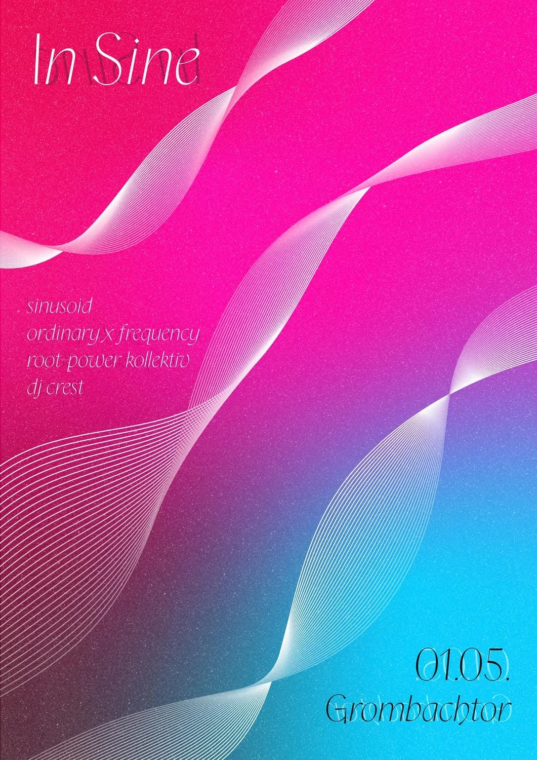 Event-Plakat mit bunten, geschwungenen Linien und Text in Pink, Blau und Lila, ankündigt eine Veranstaltung am 1. Mai in Grombach.