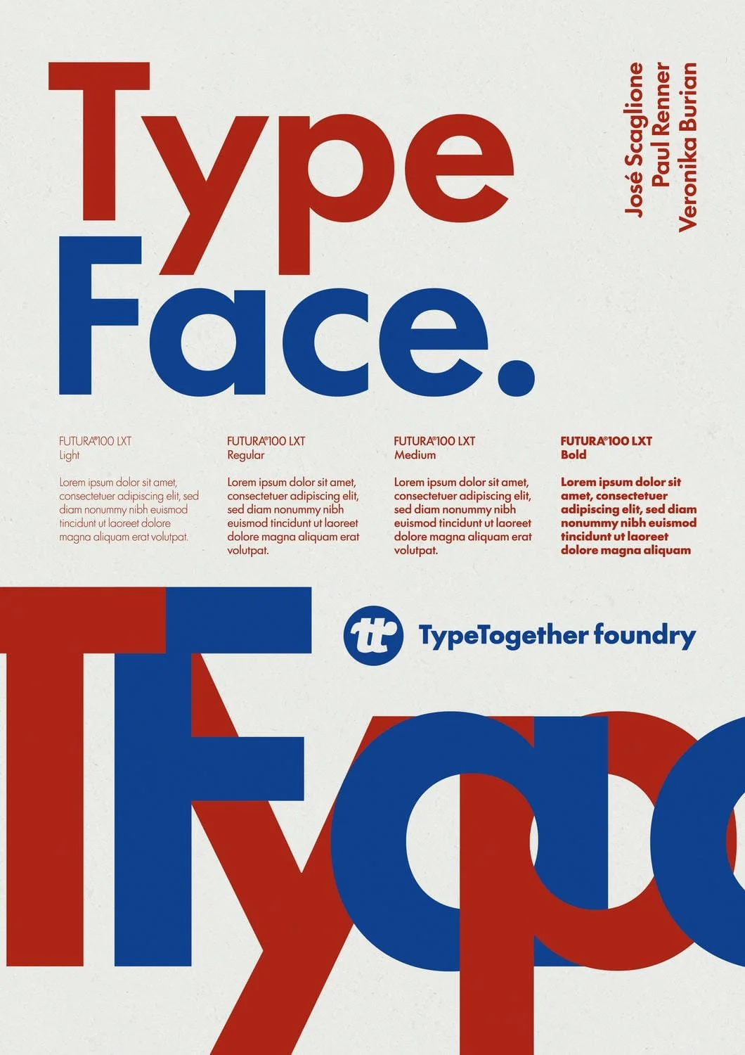 Grafik mit großen blauen und roten Schriftzügen 'Type Face'. Verschiedene Schriftgrößen und –stile werden nach 'Futura' benannt, dazu Platzhaltertext. Unten das Logo der 'TypeTogether foundry' in Blau.