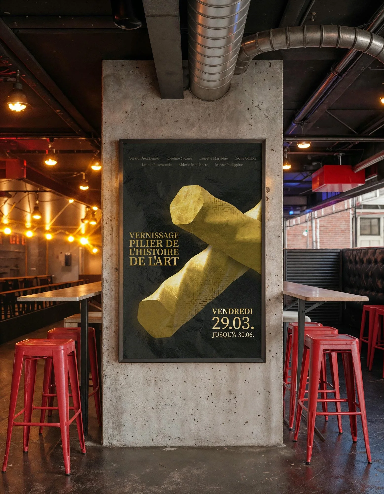 Ein schwarzer Poster mit goldener Skulptur und französischem Text, das eine Kunstvernissage ankündigt, umgeben von roten Barhockern, in einer modernen, gut beleuchteten Bar oder Café.