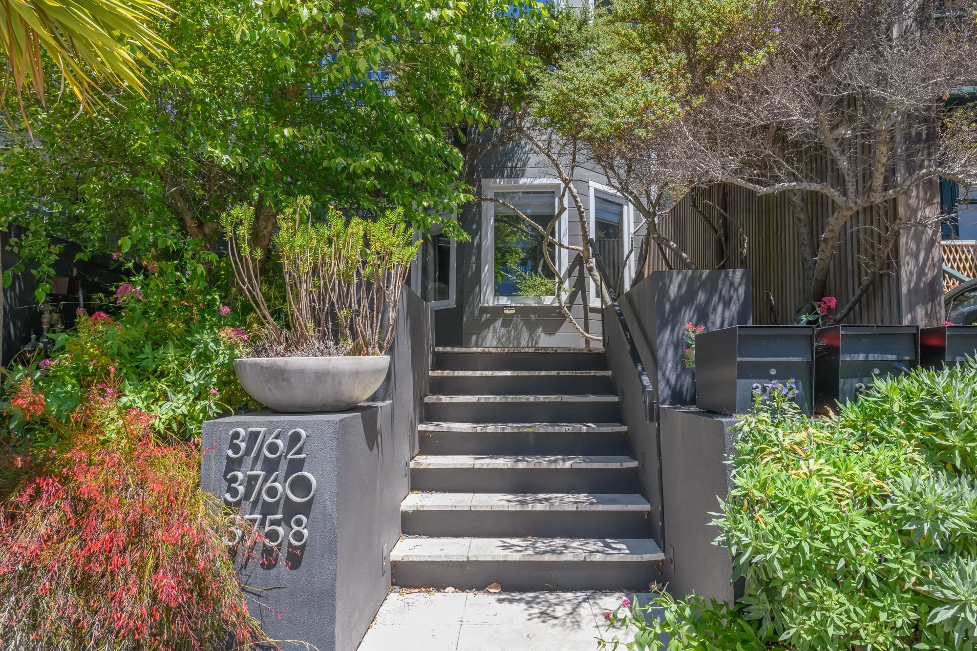 Front of a modern house with concrete stairs leading up to a large window, surrounded by lush green and flowering plants, with house numbers 3762, 3760, 3758, and 3756 on a gray concrete wall to the left.