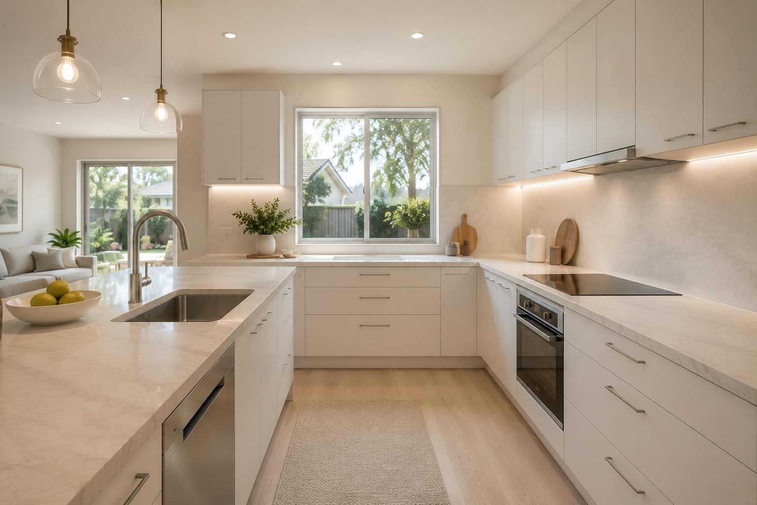Modern kitchen with white cabinets, marble countertops, and wooden flooring. There is a window with a view of a backyard garden, hanging pendant lights, and decor items like potted plants and cutting boards.