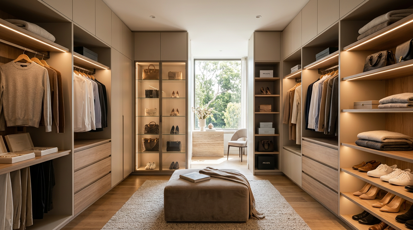 A walk-in closet with organized shelves and clothing, handbags, shoes, and accessories, and a cozy sitting area with a window view of greenery.
