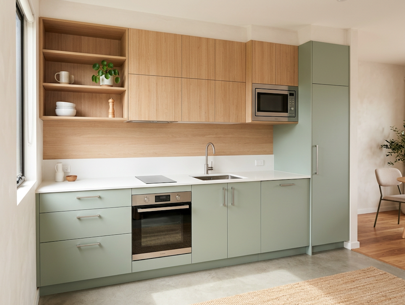 Modern kitchen with green and wood cabinetry, built-in microwave, stove, and open shelves with decor, adjacent to a dining area with a chair and plants.