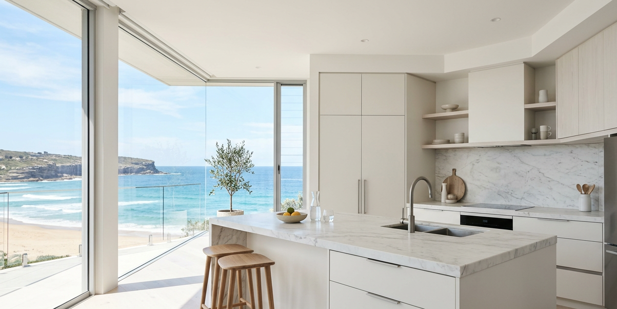 Modern kitchen with white cabinetry and marble countertops, overlooking a beach and ocean through large sliding glass doors.