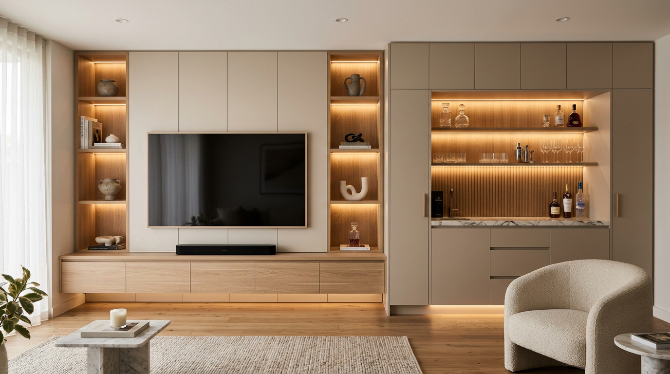 Living room featuring a large flat-screen TV centered on a built-in wall unit. The unit includes illuminated display shelves with decorative items, books, and a bar area with bottles and glassware. There's a beige armchair in the foreground, a small marble-topped side table with a candle, and a plant near the window with sheer curtains. The flooring is wood, and the room has a minimalist modern decor.
