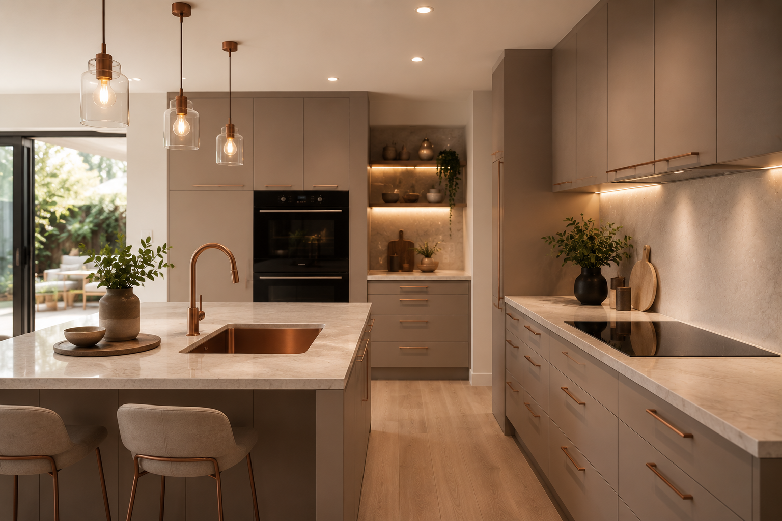 Modern kitchen with beige cabinets, white marble countertops, and copper fixtures, featuring a kitchen island with a sink, pendant lights, and decorative plants.