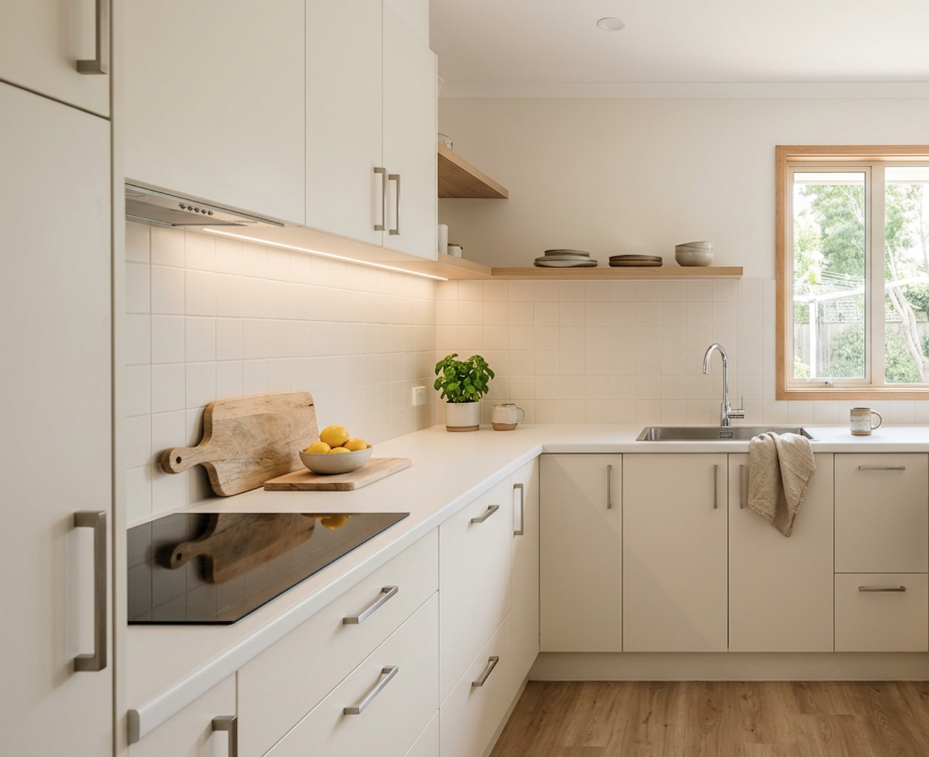 A modern kitchen with white cabinets, a white countertop, a black induction cooktop, a cutting board with lemons, a green potted plant, a bowl, and a window overlooking green trees.