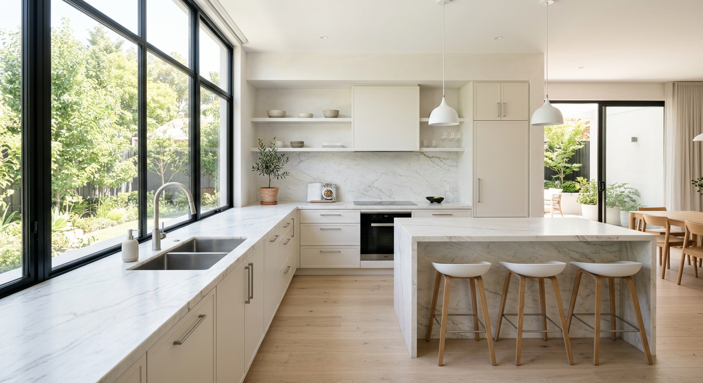 Modern kitchen with white marble countertops, a large window overlooking a garden, three bar stools at an island, and a dining area in the background.