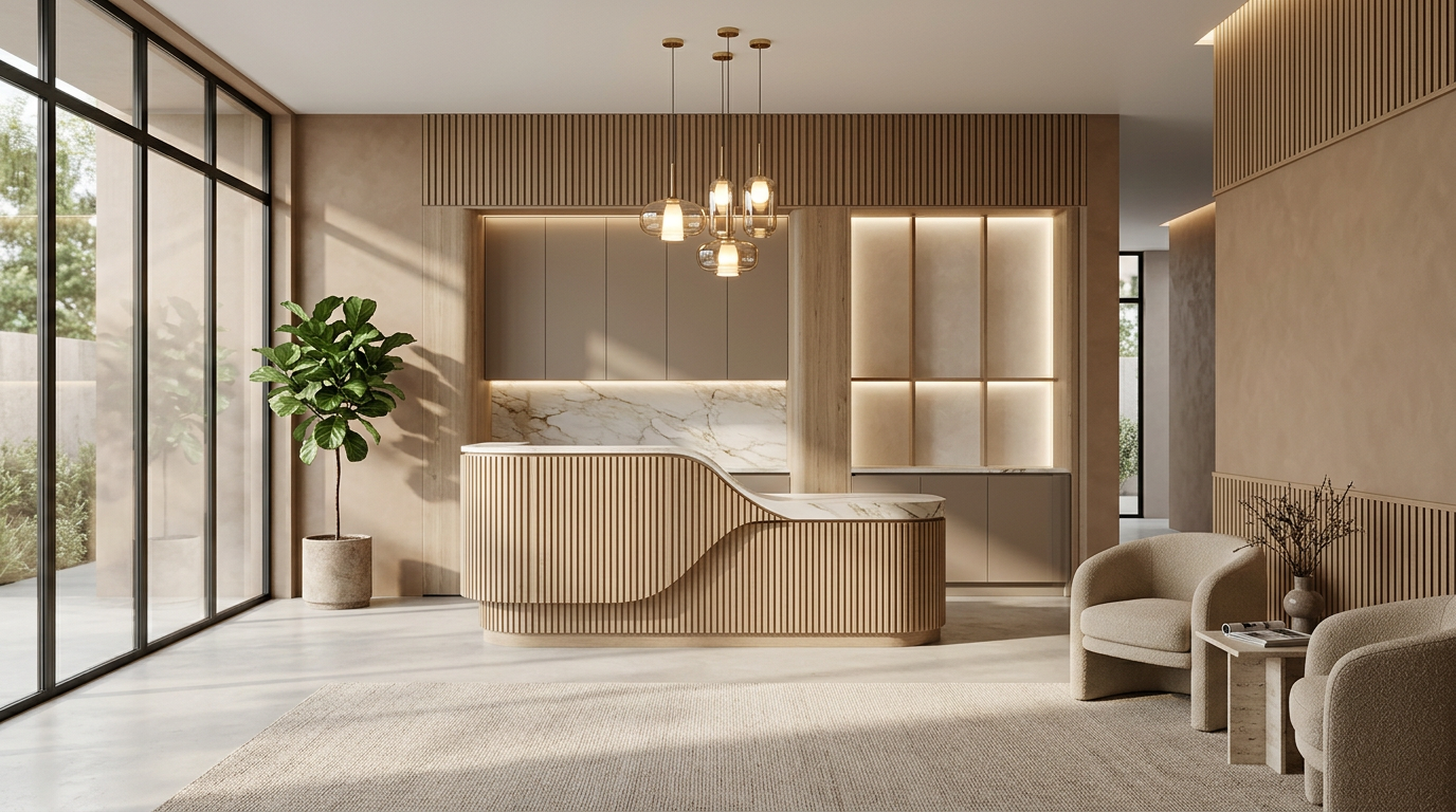 Modern interior space with a reception desk, beige armchairs, a small table with magazines, large glass windows, a potted plant, and warm lighting.