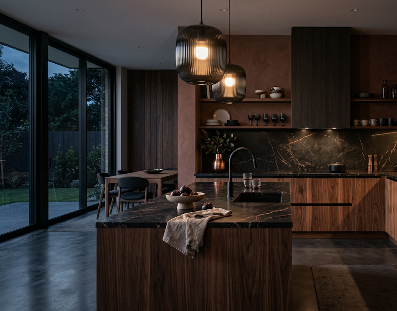 Modern kitchen with dark wood cabinetry, black marble countertops, and pendant lights; sliding glass doors open to a green outdoor area.