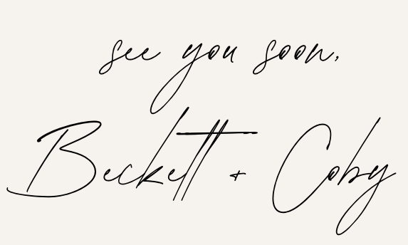 Handwritten message that says 'see you soon, Bicket + Cody' on a plain background.