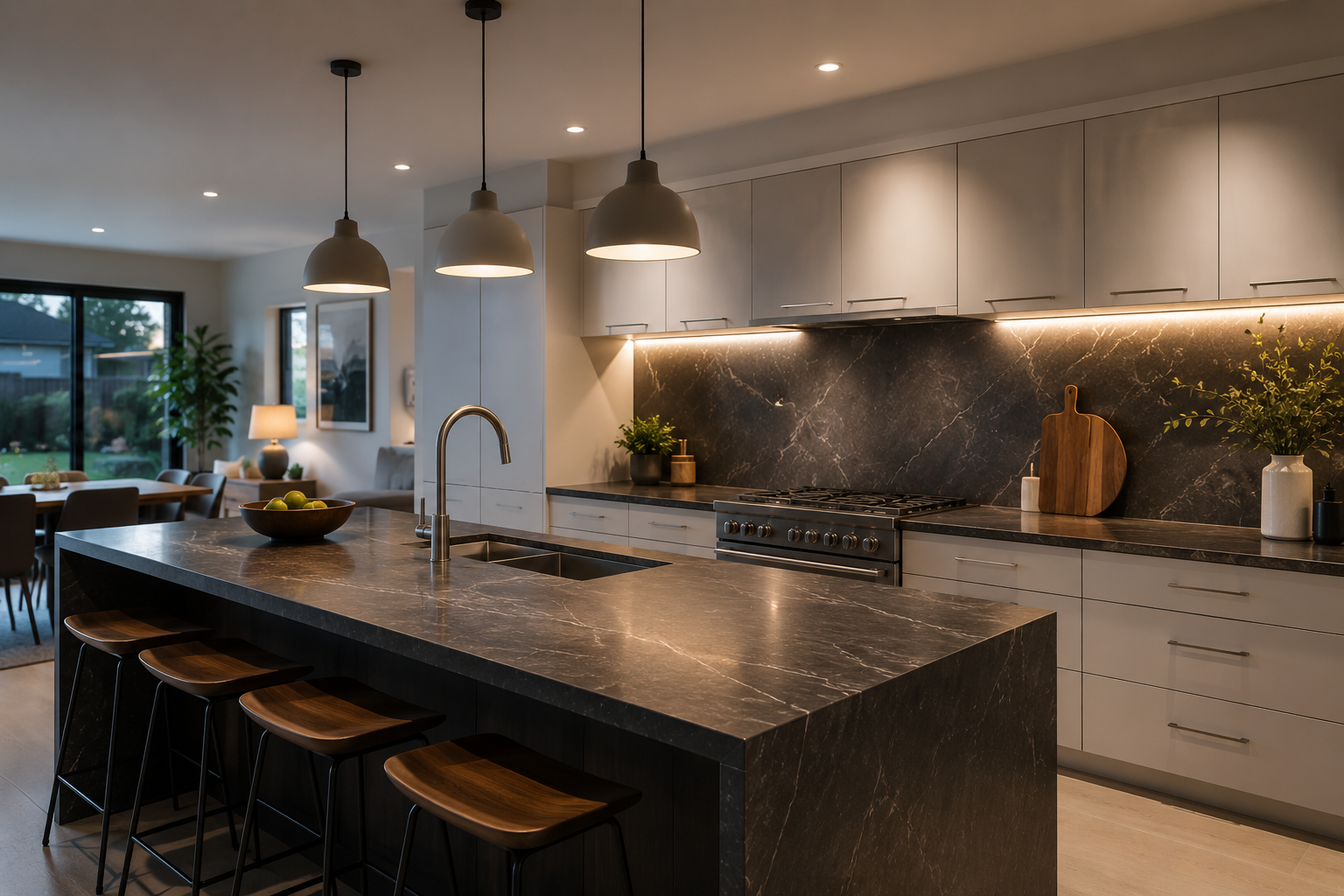 Modern kitchen with dark marble countertops, beige cabinets, and pendant lighting over the island, with a view of the dining area and patio outside.