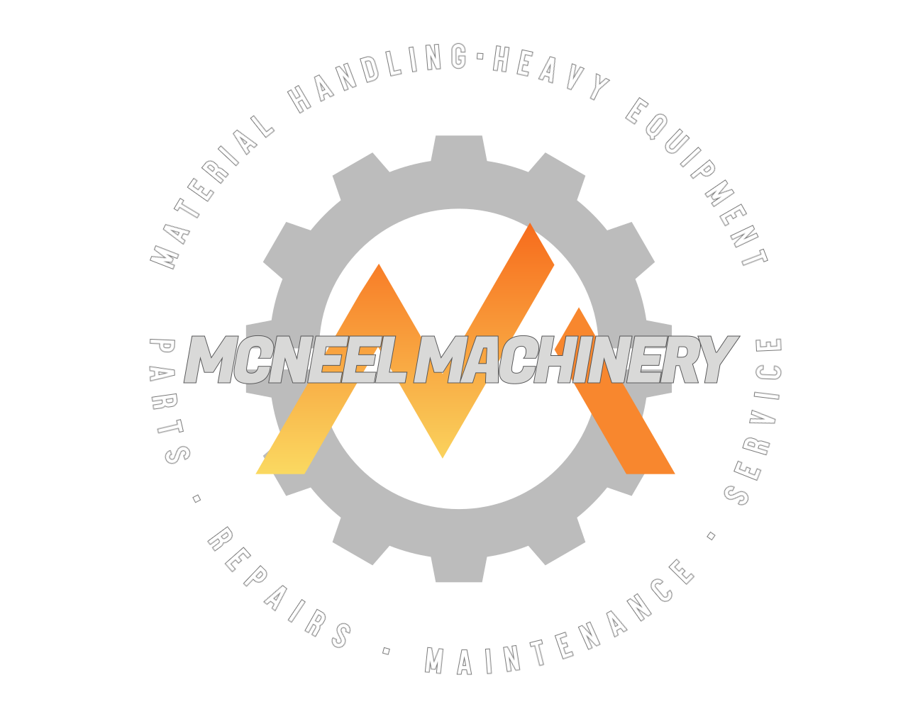 Logo for McNeel Machinery featuring a gear, the company name in bold letters, and text around the gear indicating services like handling, heavy equipment, parts, repairs, maintenance, and service.