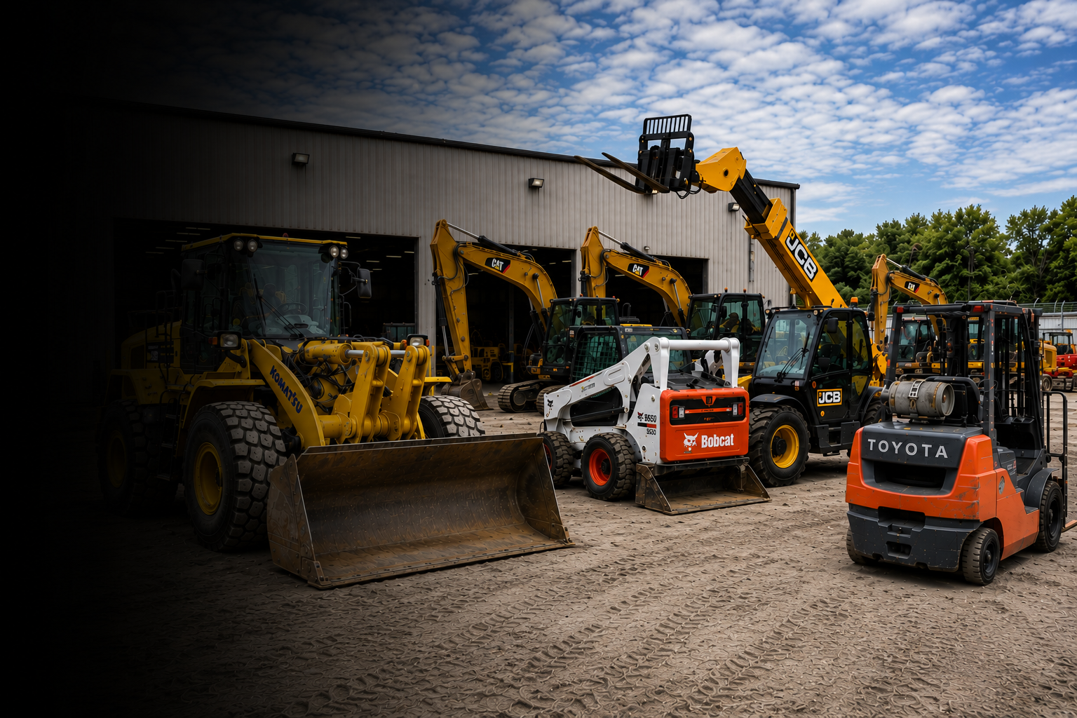 Construction equipment including bulldozers, excavators, a skid steer loader, and a forklift parked outside a warehouse, with a partly cloudy sky and green trees in the background.