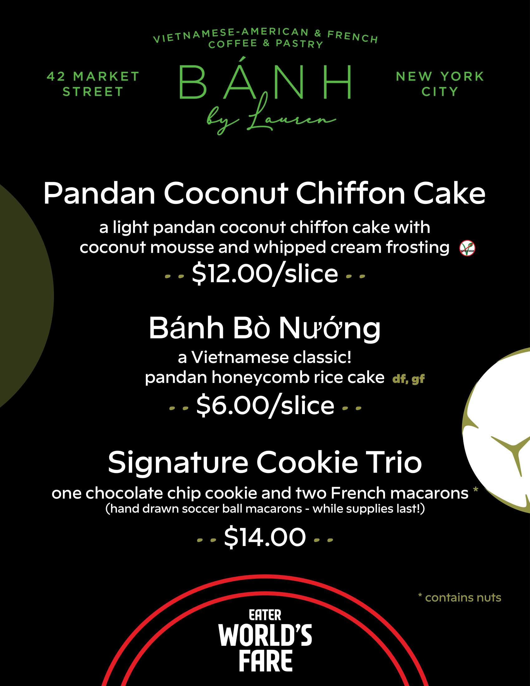 Close-up of a green, jelly-like pastry with a golden-brown crust on a white plate. The pastry has a detailed, web-like interior texture. Logo overlay with the text 'BÁNH by Lauren' in a dark green circle.