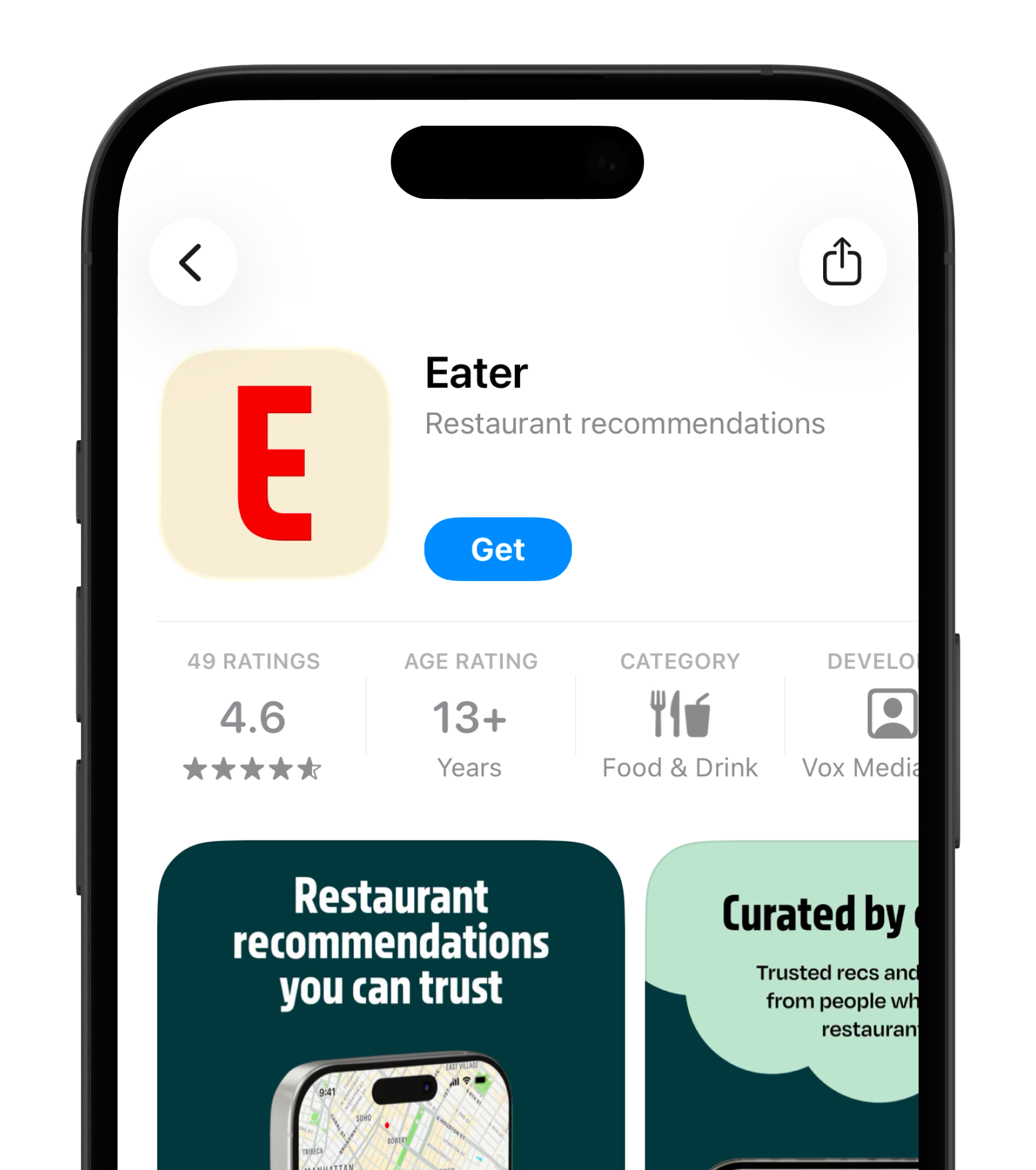 Close-up of a smartphone screen showing an app called 'Eater' with options like 'Restaurant recommendations' and a map feature, with icons for sharing and navigation.