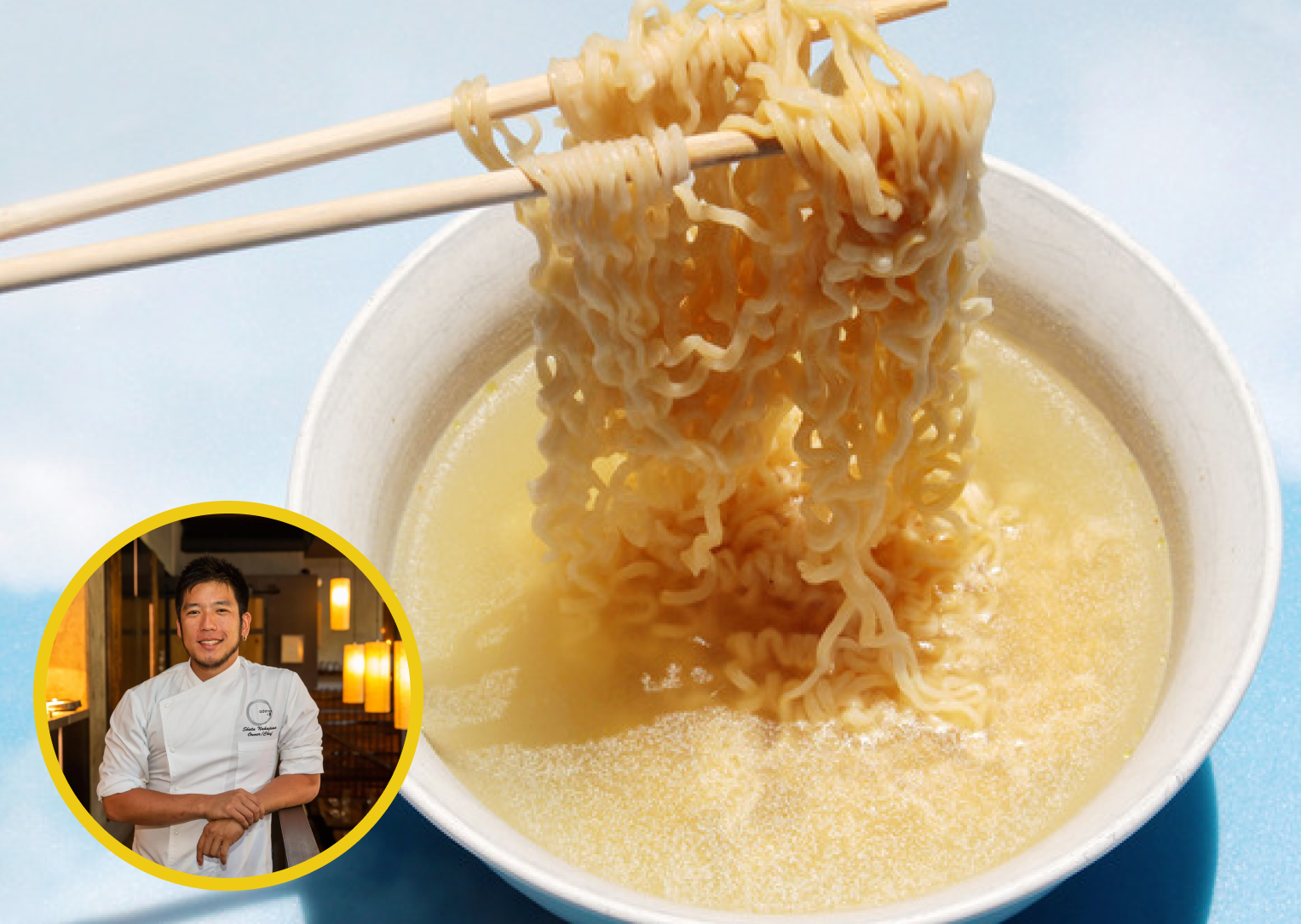 A cup of creamy ramen noodles with chopsticks lifting some noodles, set against a light blue background. An inset photo of a smiling chef in white uniform, standing in a warmly lit restaurant.