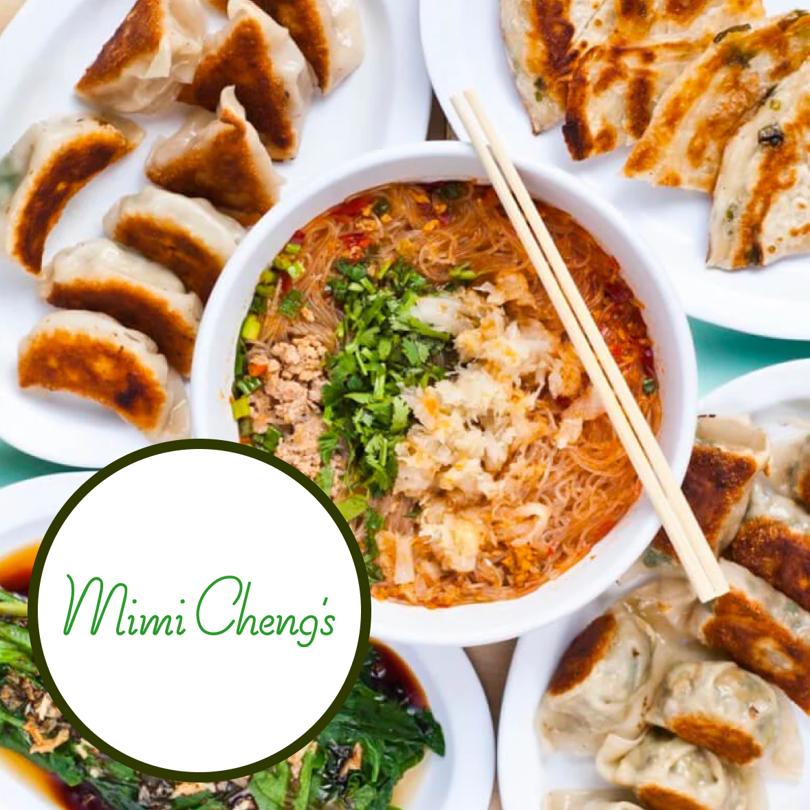 Assorted Asian dishes featuring spring rolls, dumplings, and a bowl of spicy noodle soup with chopsticks, garnished with green herbs, on restaurant plates.