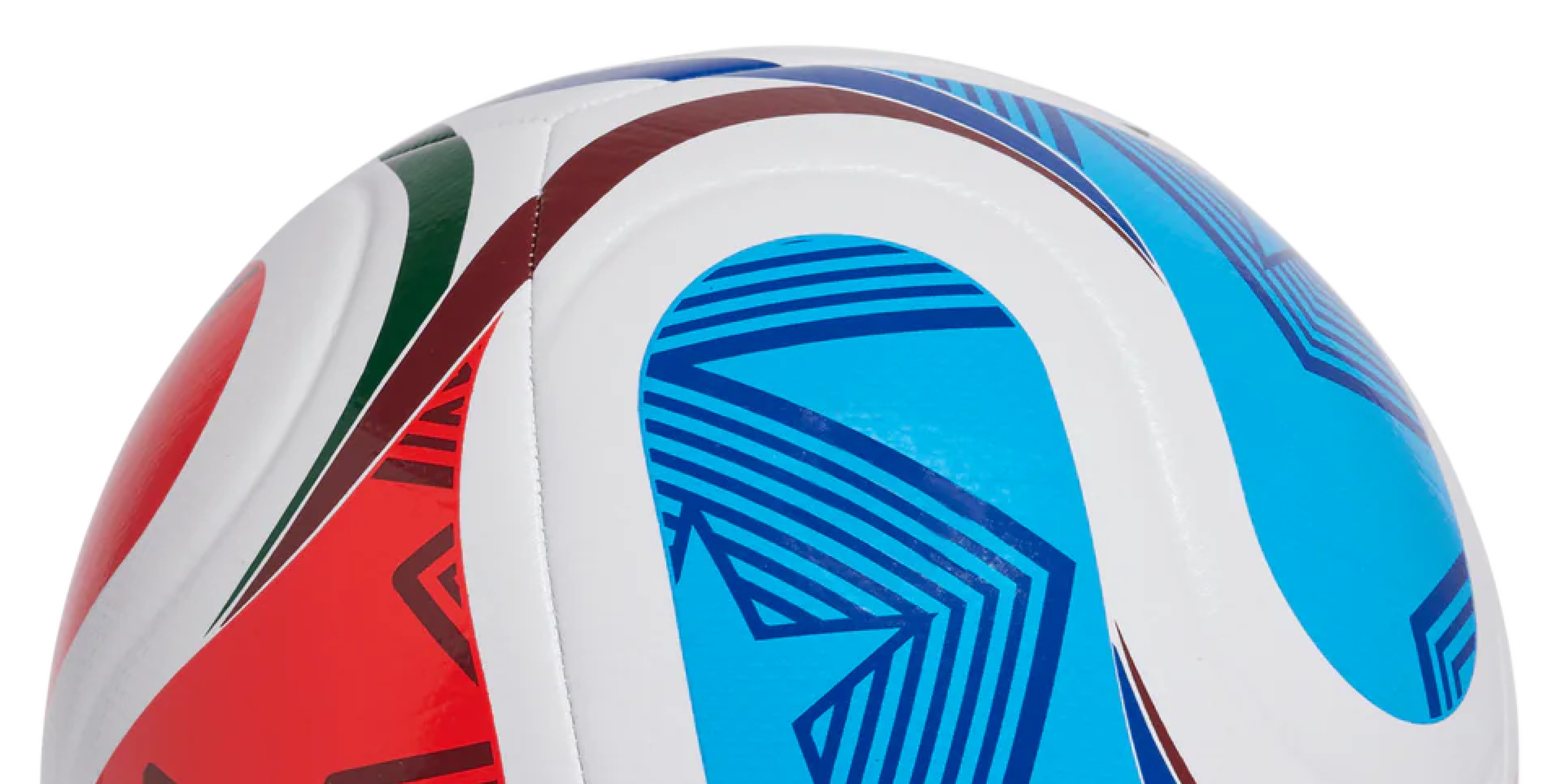 Close-up of an inflatable pool float with colorful abstract patterns in red, blue, green, and white.
