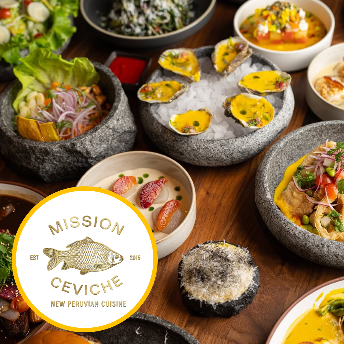 Various Peruvian dishes including oysters on ice, ceviche, salads, and other seafood dishes served in stone bowls, with a Mission Ceviche logo.