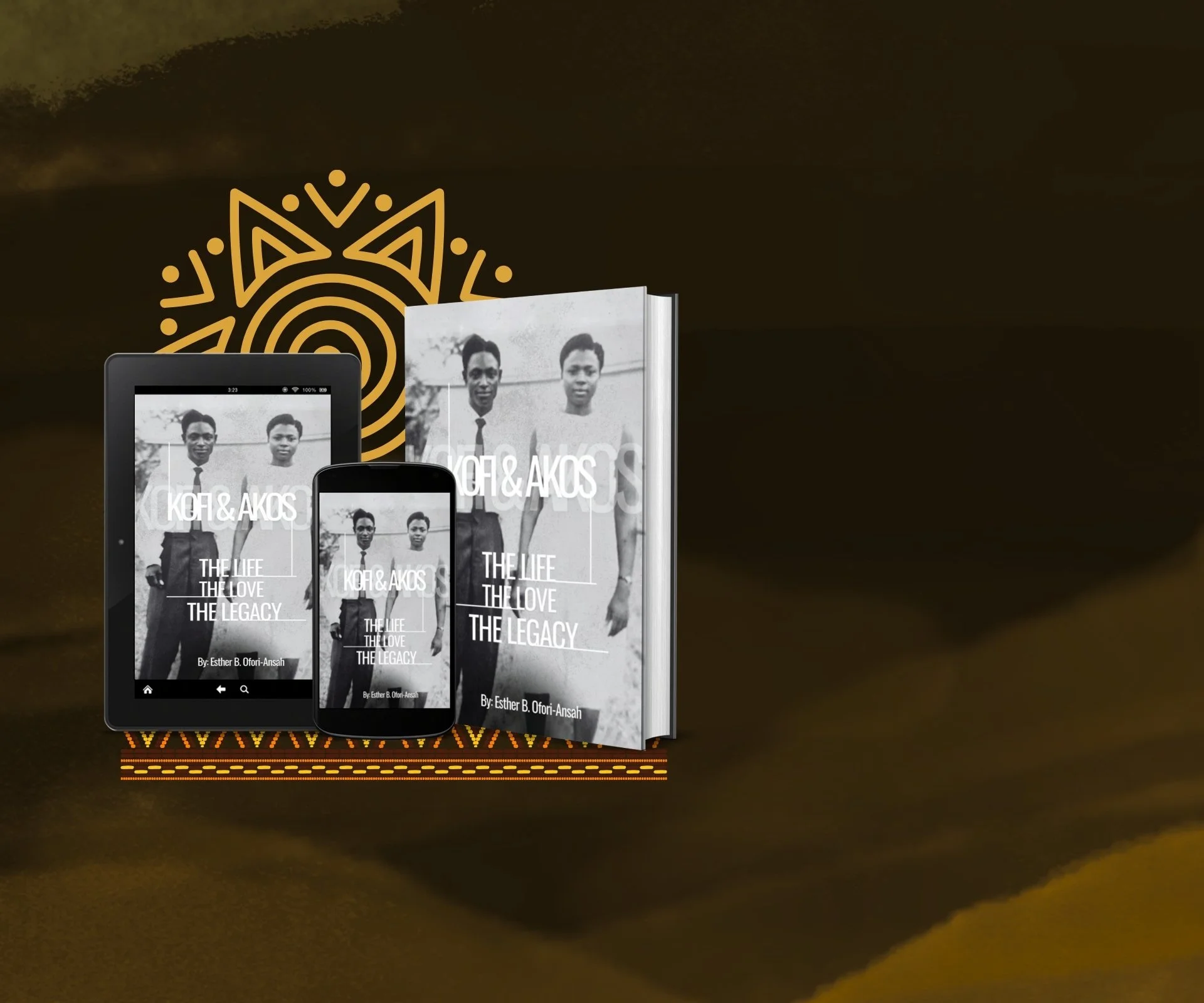Multiple electronic devices displaying the cover of a book titled "Kofi & Akos: The Life, The Love, The Legacy" by Esther B. Ofori-Ansah, with a black-and-white photograph of two young men on the cover.