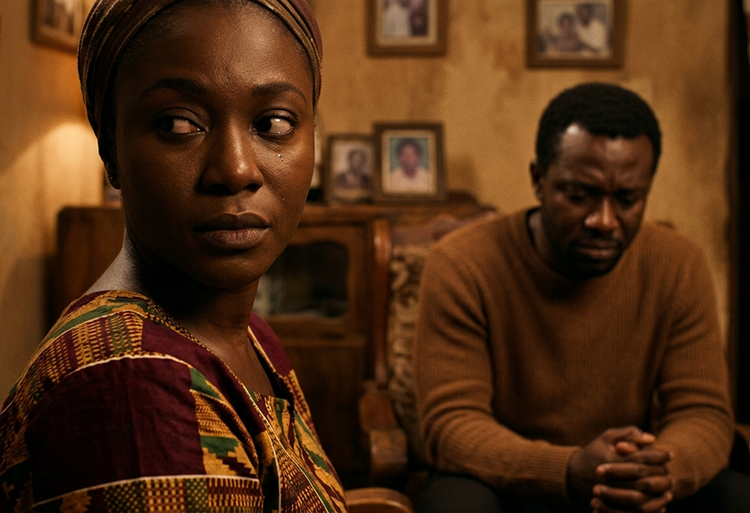 A woman with dark skin looking away, wearing an African print top, and a man with dark skin sitting next to her with Head bowed, wearing a brown sweater, in a warm, cozy room with family photos on the wall.