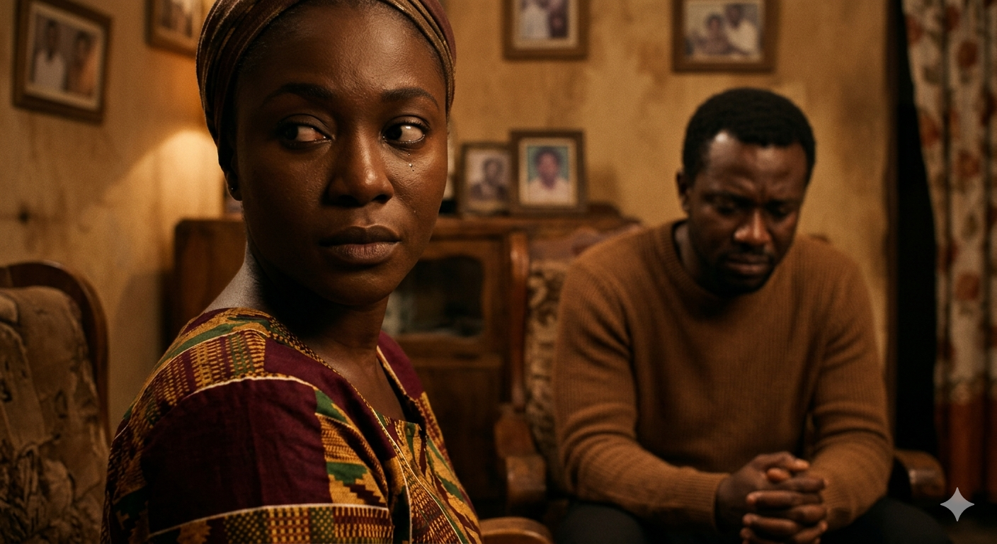 A woman with a headscarf looking to her left and a man with short curly hair and a beard sitting behind her with hands clasped, inside a warmly lit room with framed photos on the wall.