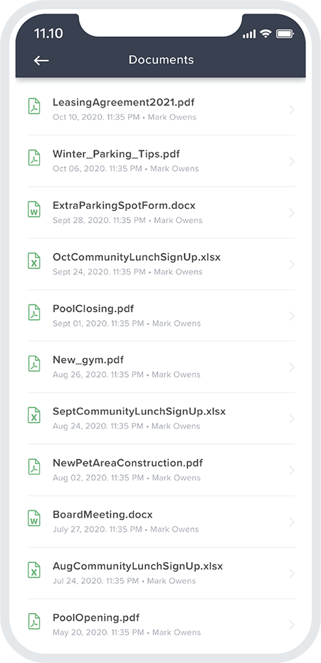 Screenshot of a mobile device displaying a list of documents with file names and dates, including PDFs, Word documents, and Excel files.