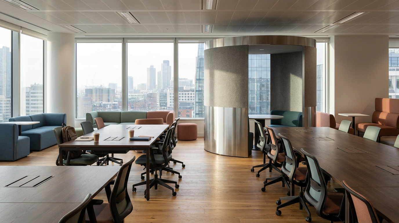 Modern conference room with large windows overlooking city skyline, featuring round and rectangular wooden tables, ergonomic chairs, and cozy seating with colorful armchairs and sofas.