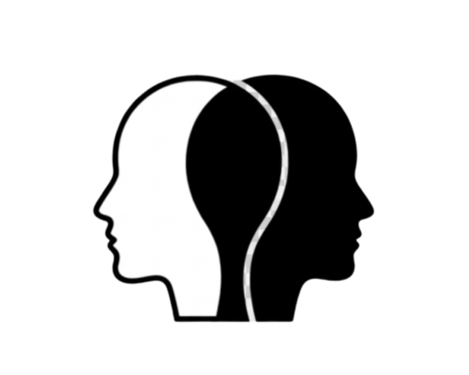 Silhouette of black and white heads in profile formed by the negative space, on a black background.