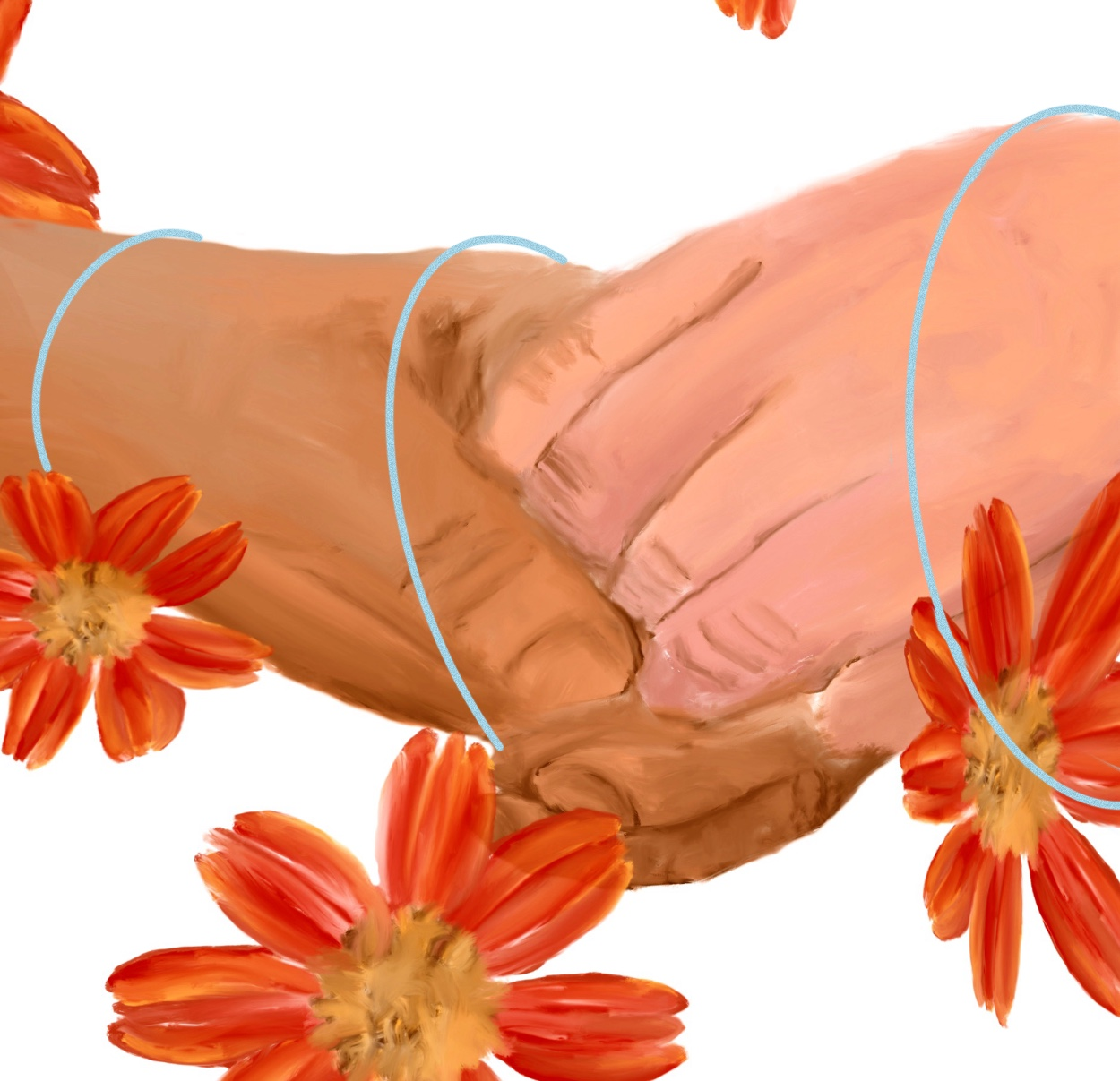 Digital illustration of two clasped hands surrounded by red-orange flowers with a plain white background