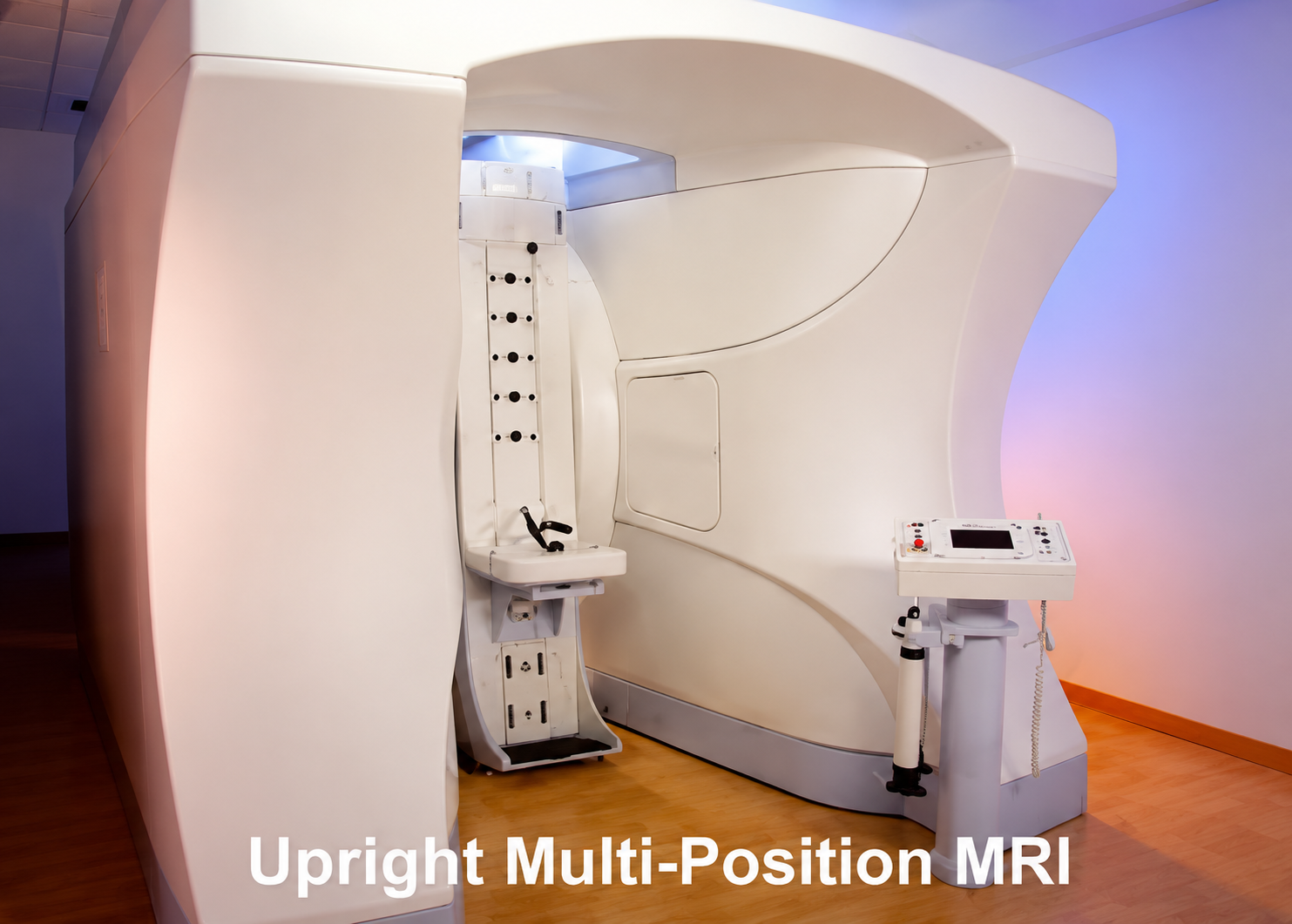 A medical MRI scanner with an upright, multi-position design in a clinical setting.