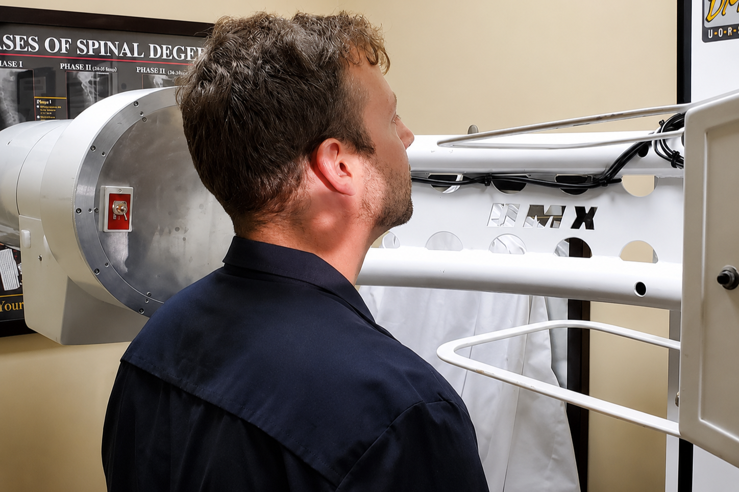 Man in a dark uniform undergoing an X-ray scan of his spine at a medical facility.