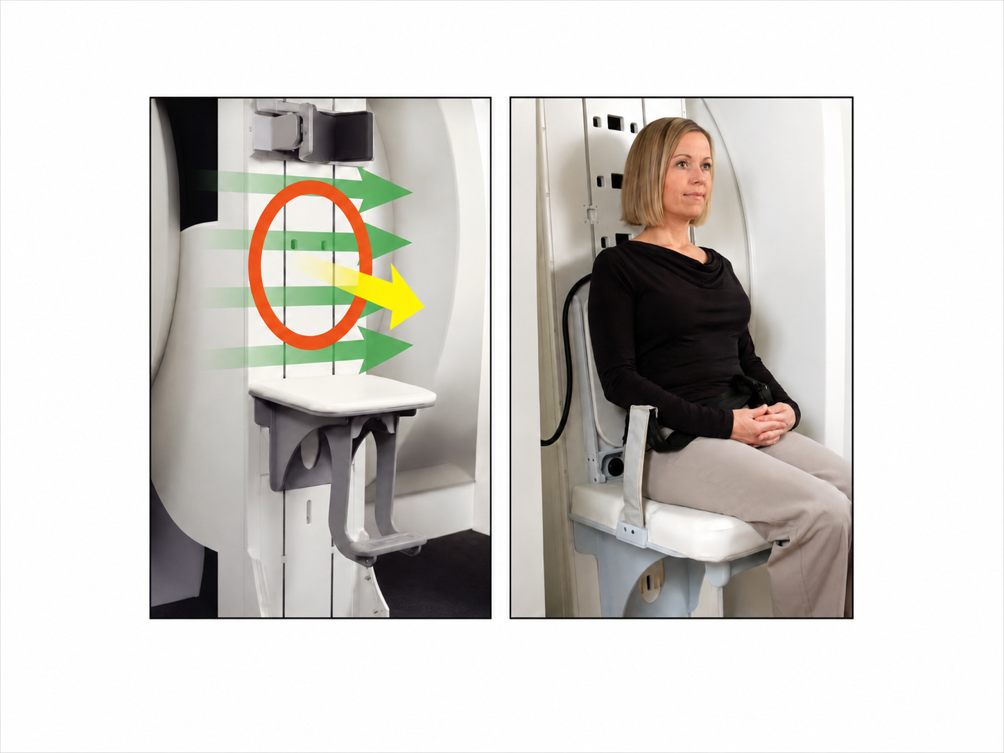 Side-by-side images of an MRI machine's seat area, with a diagram showing airflow exiting the machine on the left, and a woman seated inside the MRI on the right.