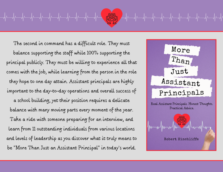 Book cover titled "More Than Just Assistant Principals" by Robert Hincliffe, with a purple background, torn paper style text, a red heart with a group of people icon, and a hand holding a pen in the bottom right corner.
