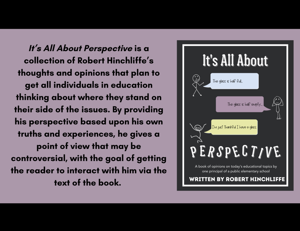 Cover of a book titled "It's All About Perspective" with speech bubbles showing different views about a glass, and a description of the book's content on a purple background.
