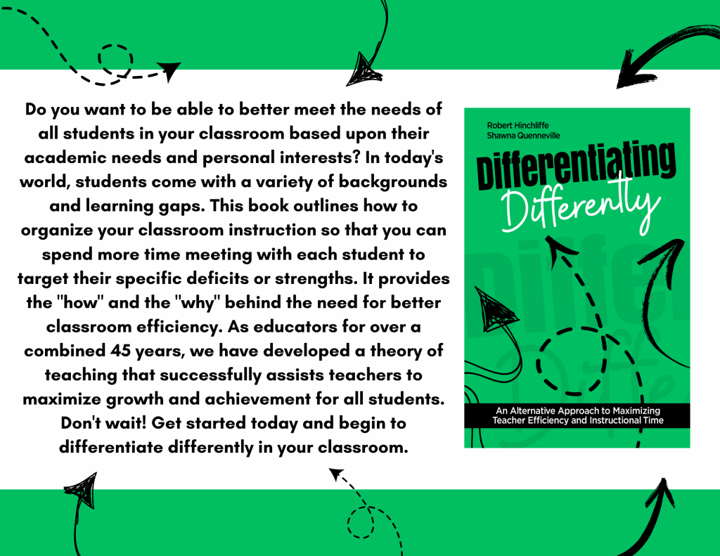 Book titled "Differentiating Differently" by Robert Hinchliffe and Shawna Quenneville, with a green background and black and white text, featuring abstract black arrow doodles.