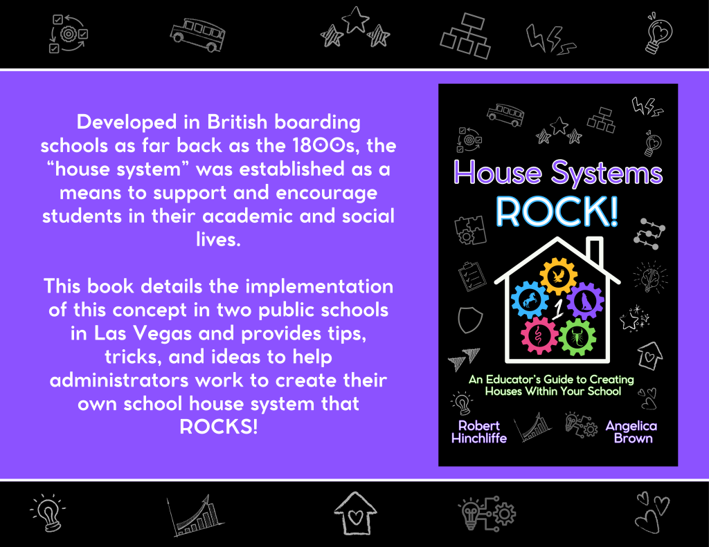 Book cover titled "House Systems ROCK!" with a drawing of a house and colorful gears inside. Subheading "An Educator's Guide to Creating Houses Within Your School" by Robert Hinchliffe and Angelica Brown; background features school-related icons.