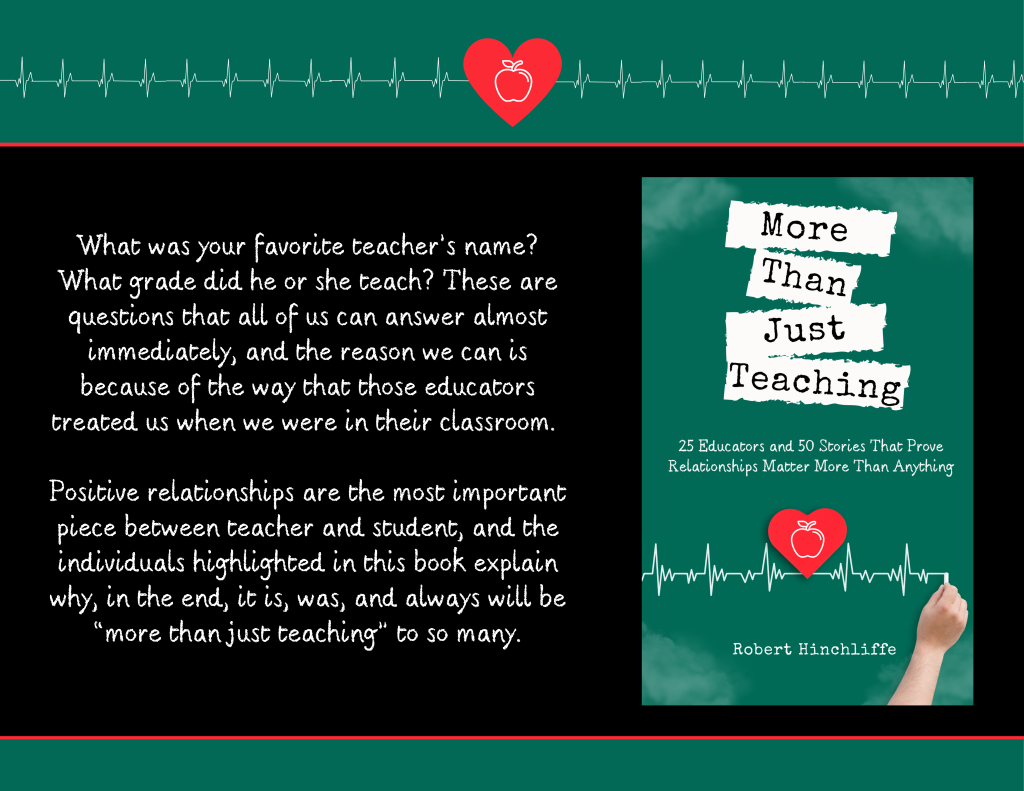 Book cover titled 'More Than Just Teaching' by Robert Hinchliffe, with a background of green with heartbeat line and heart with apple icon, and the back cover with part of the introduction text.