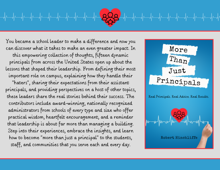 Book cover for 'More Than Just Principals' by Robert Hincliffe, featuring a heart with a groups of people icon and an EKG line, along with a blue background and an image of a person's arm in a sleeve.