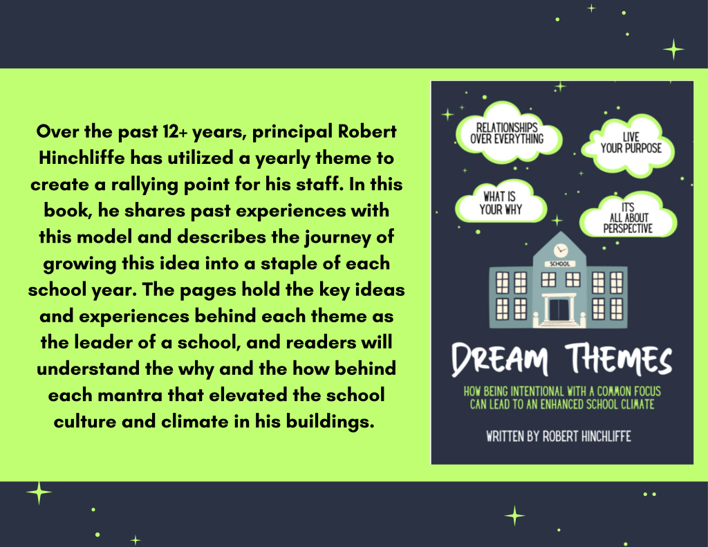 Book cover titled "Dream Themes" with a school illustration and clouds containing key ideas, green and dark blue background.