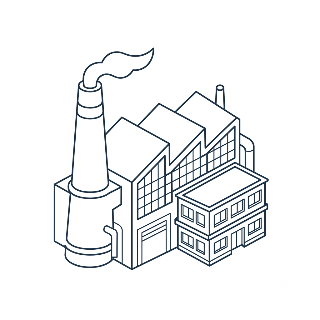Line drawing of a factory with a large smokestack emitting smoke, a building with a glass facade, and a smaller residential-style building.