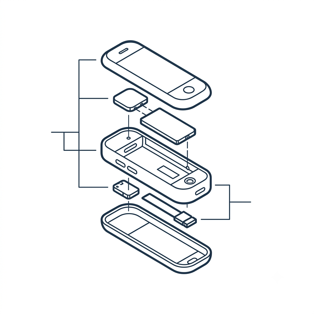 Exploded view of a disassembled mobile phone with its components including the outer casing, screen, circuit board, and internal modules.