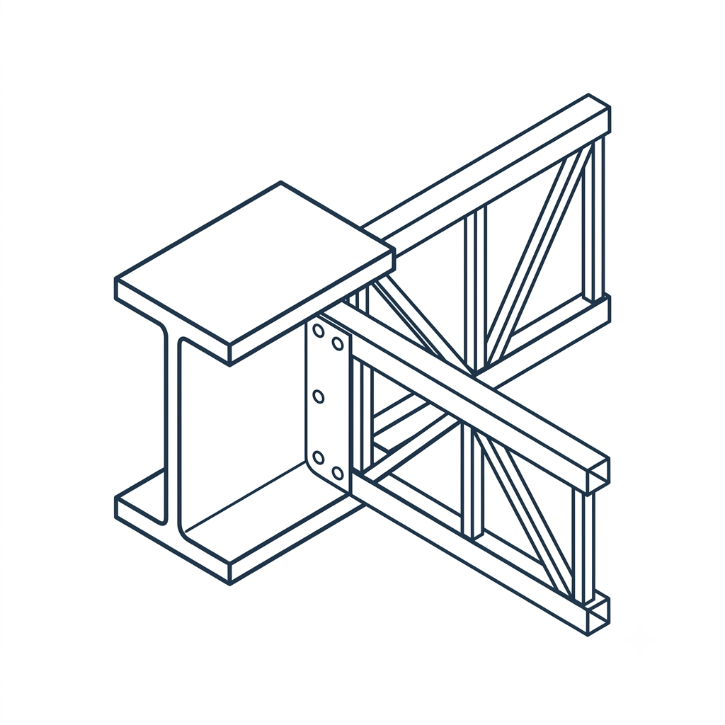 Isometric drawing of a metal structure, likely a part of a framework or construction component, with grid-like cross-bracing, flat panels, and support beams.