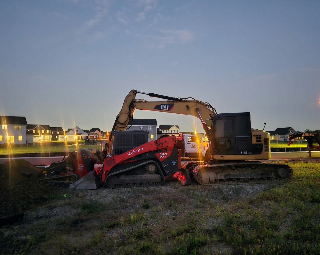 A construction excavator parked on a grassy area at sunset with residential houses in the background.