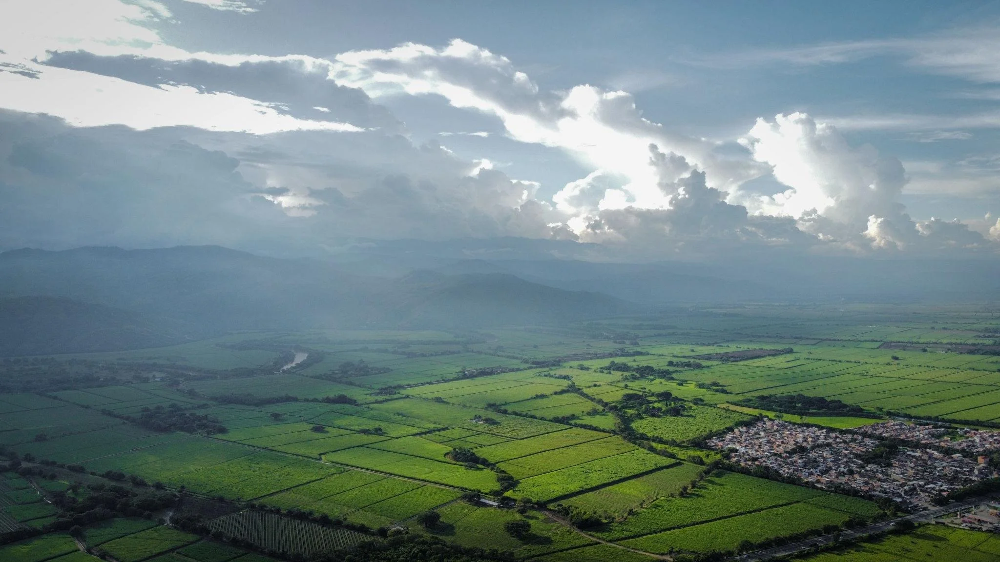 Aerial view of green agricultural fields stretching towards distant mountains under a cloudy sky.